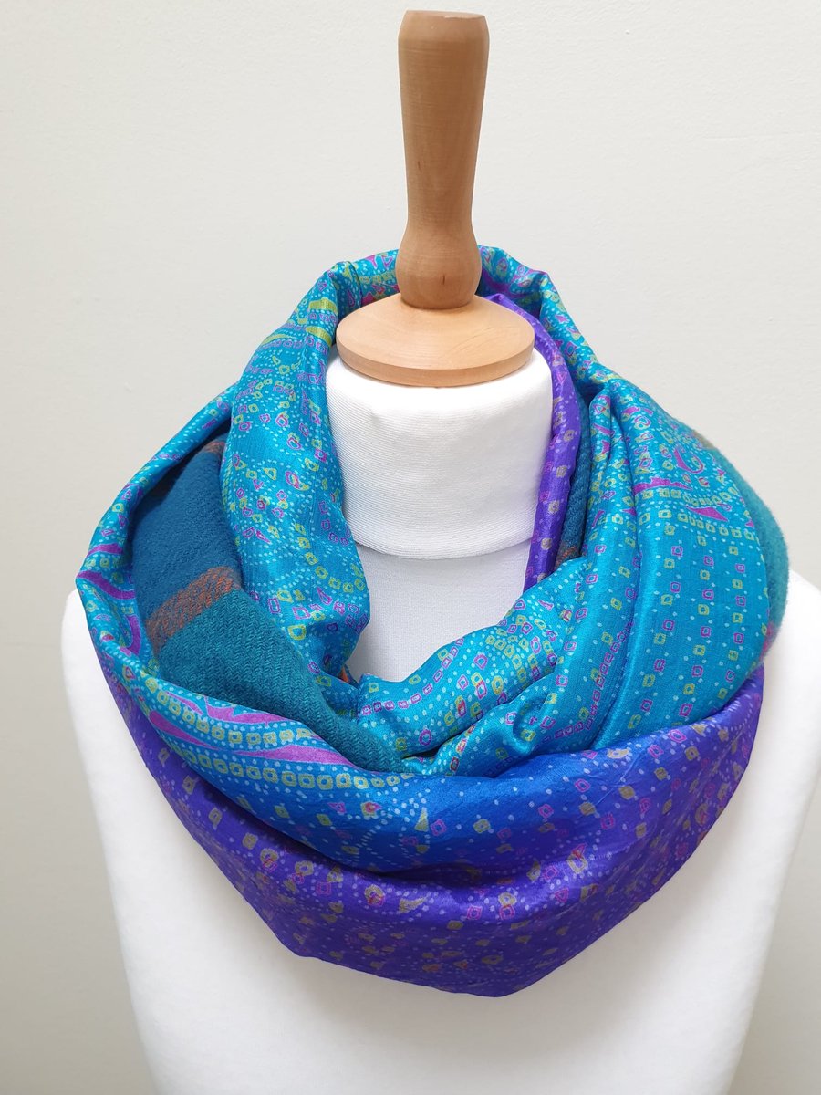 Sari silk and tweed double sided infinity scarf - snood. super soft