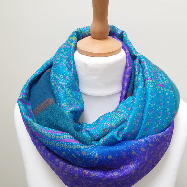 Sari silk and tweed double sided infinity scarf - snood. super soft