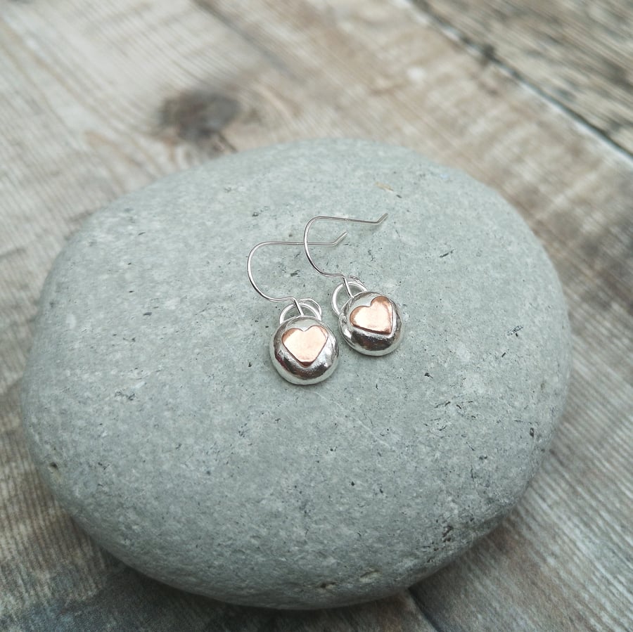 Sterling Silver Pebble Earrings with Copper Hearts - SILV122