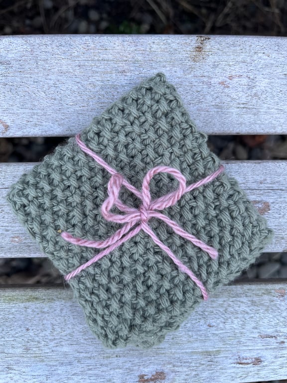 Handmade dishcloth from recycled cotton. Reusable. Dark Green. Approx. 7 x 7 in.