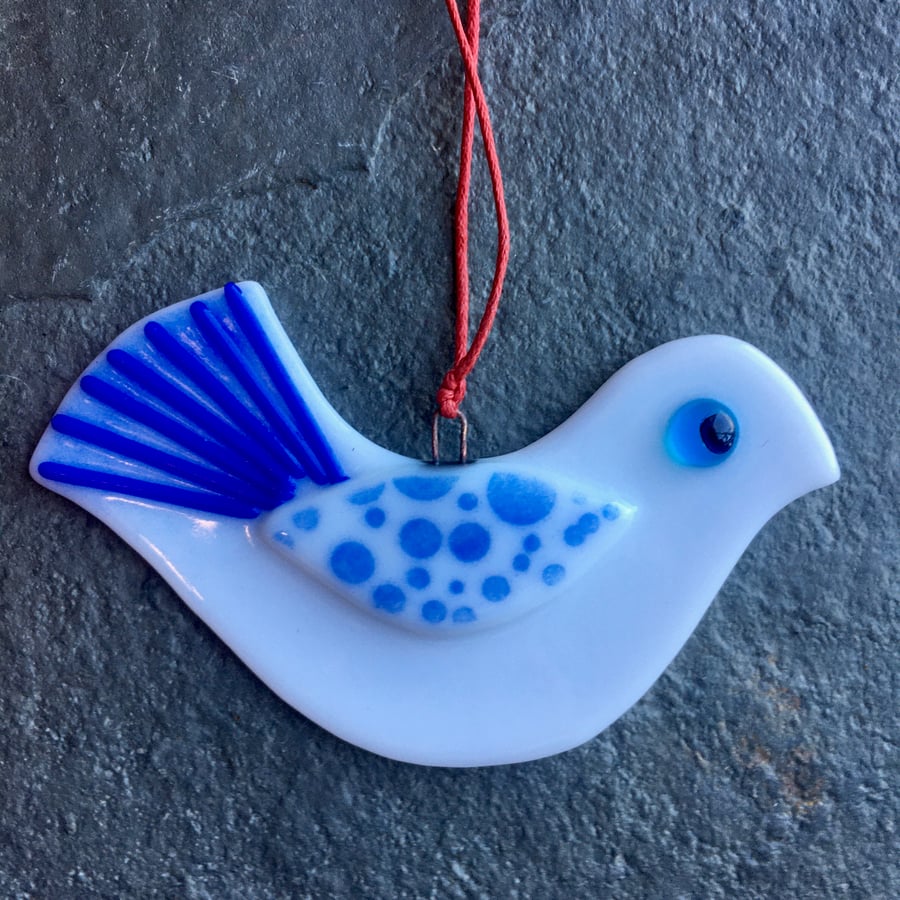 Fused Glass Christmas Peace dove Tree Decoration white, dark and light blue