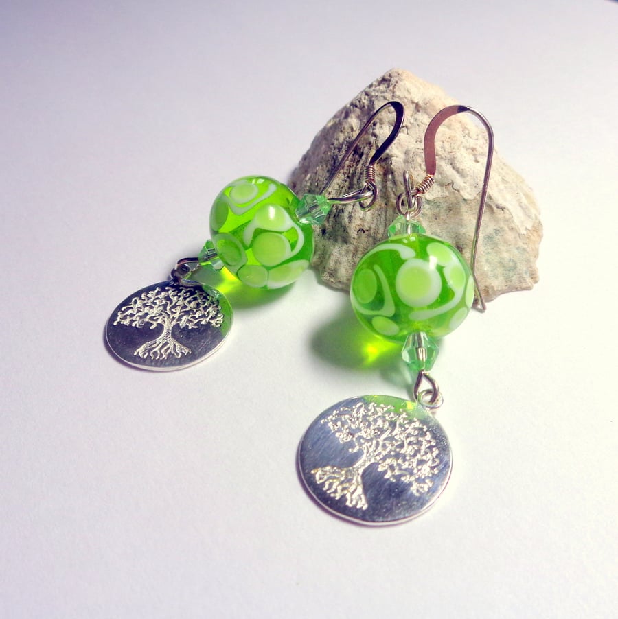 Lampwork glass apple green bead, crystal & sterling silver tree of life earrings