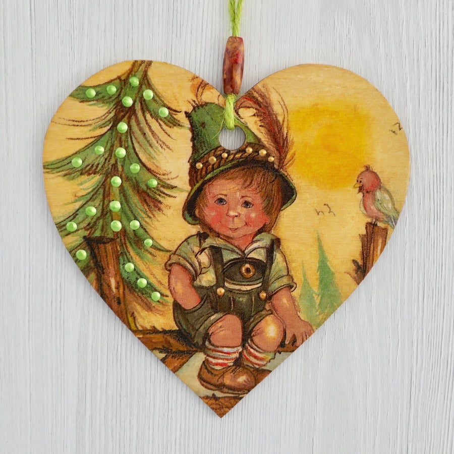 Decoupaged Wooden Hanging Heart: Tyrollean design 6” (15cm)