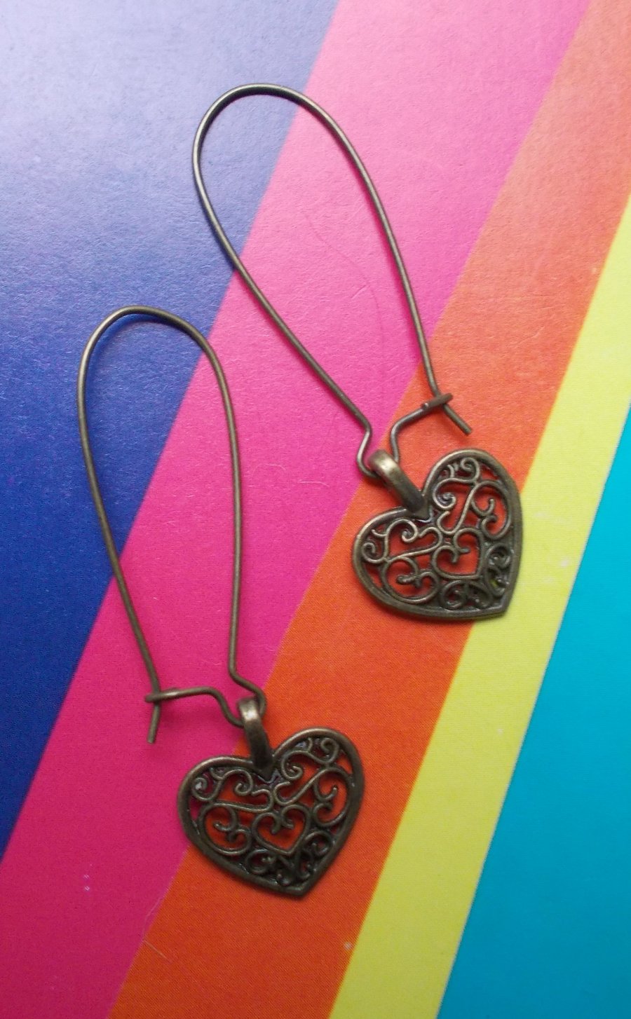 Antique Gold Style Filigree Heart Earrings with Hoop and Hooks