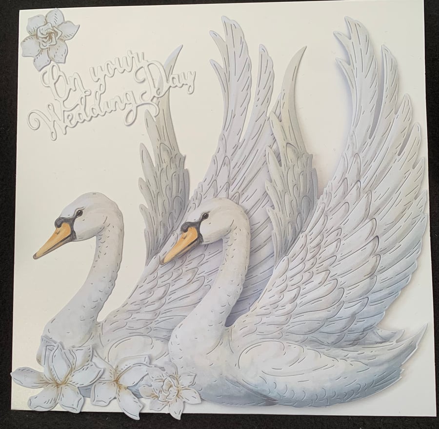 Hand Crafted 8”x8” Swans Wedding Card
