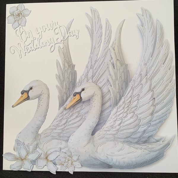 Hand Crafted 8”x8” Swans Wedding Card