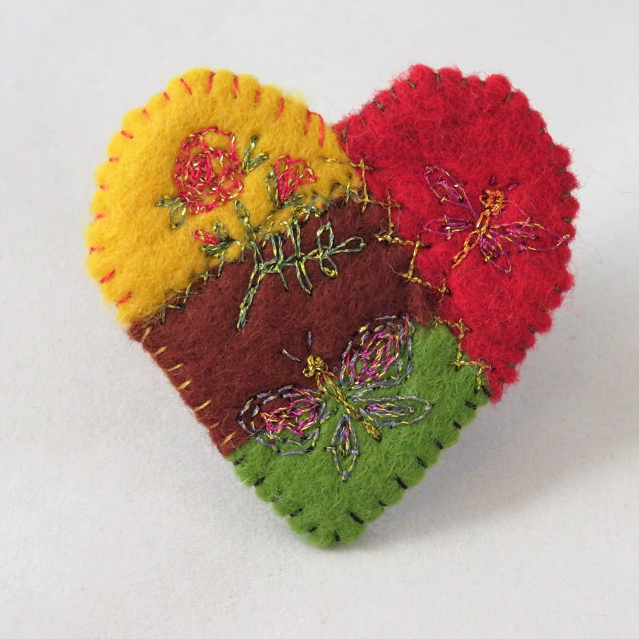 Brooch - Red Rose and Butterfly Heart in metallic threads on felt