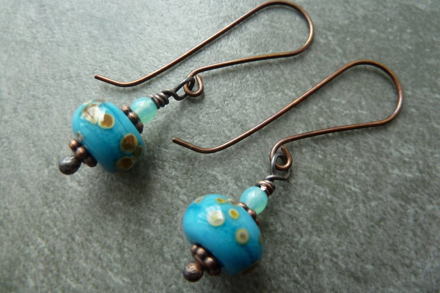 copper and turquoise lampwork earrings