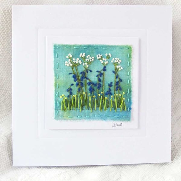 HAND EMBROIDERED GREETING CARD BLUEBELLS COW PARSLEY