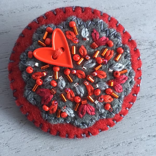 Hand Embroidered Circle Heart Brooch