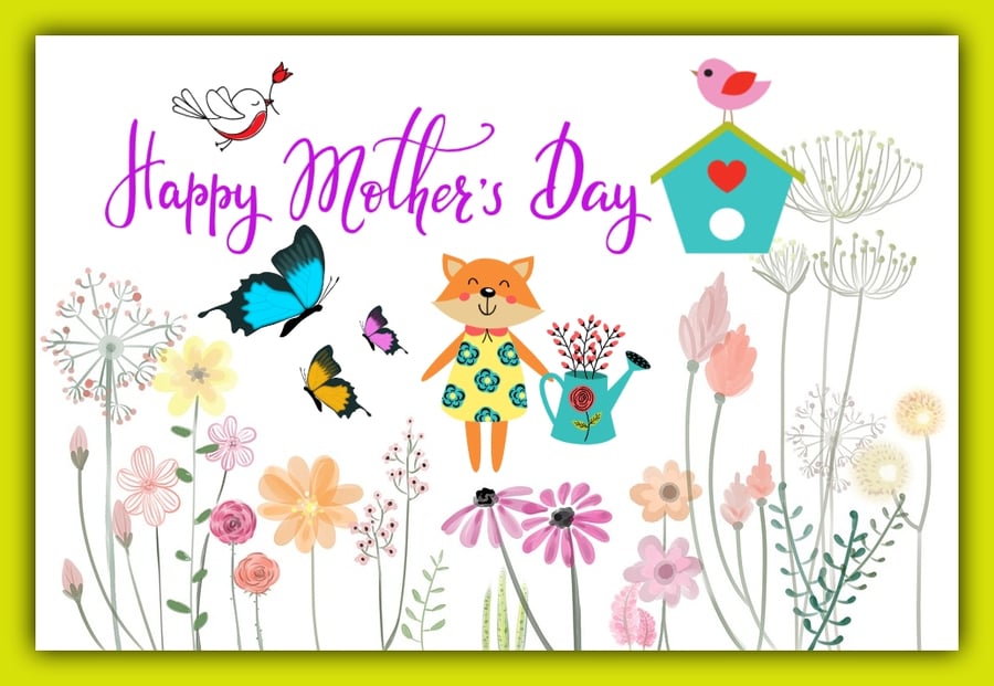 Fox Flowers Mother's Day Greeting Card A5 Size 