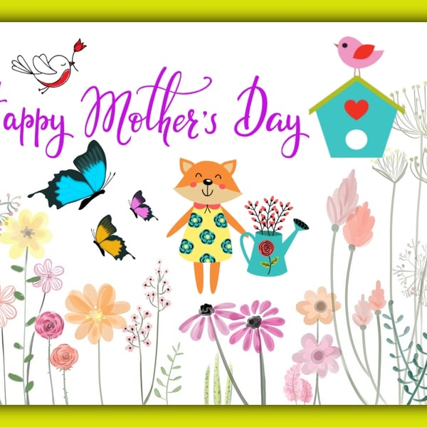 Fox Flowers Mother's Day Greeting Card A5 Size 