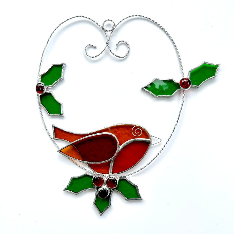 Stained Glass Robin and Holly Suncatcher - Handmade Window Decoration