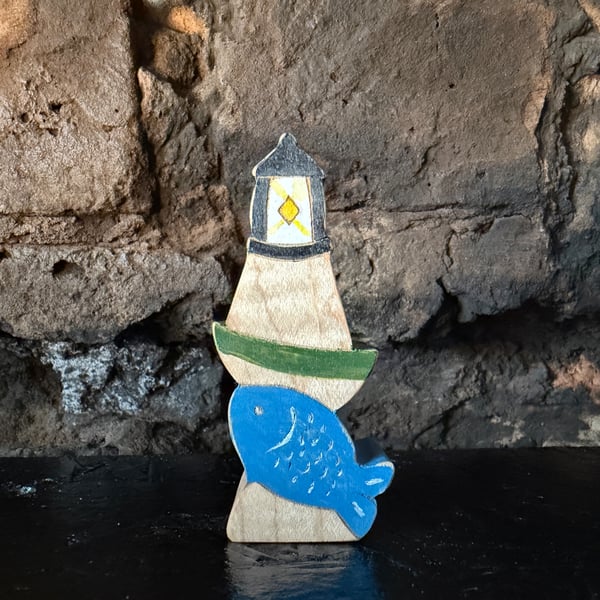 Handmade Wooden Lighthouse & Seagull Ornament - Coastal Shelf Decoration - Maple