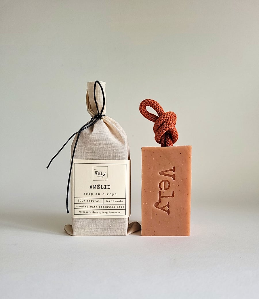 Soap On A Rope With Pink Clay and Almond Shell “Amelie", Natural, Vegan