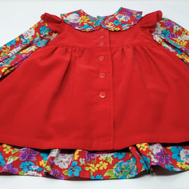Red Babycord Pinafore & Floral Dress 12 - 18 months