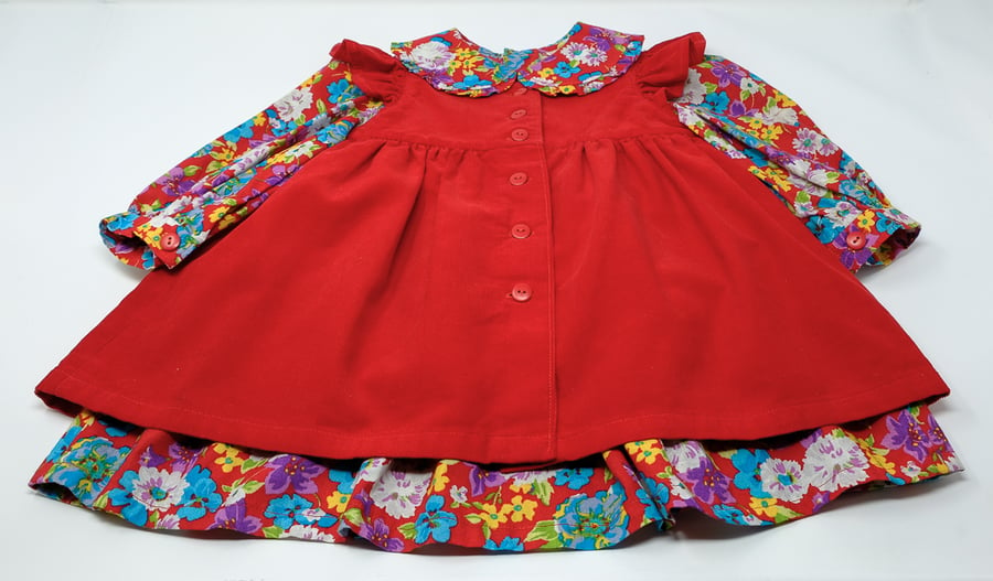 Red Babycord Pinafore & Floral Dress 12 - 18 months