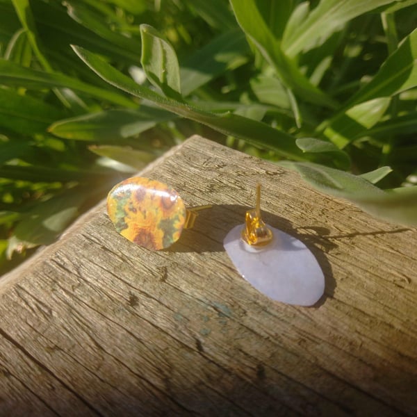 Sunflowers in the Grass Oval Stud Earrings