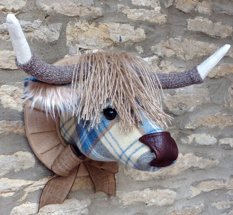 Faux taxidermy blue cream tweed check Highland Cow Coo animal head wall mount