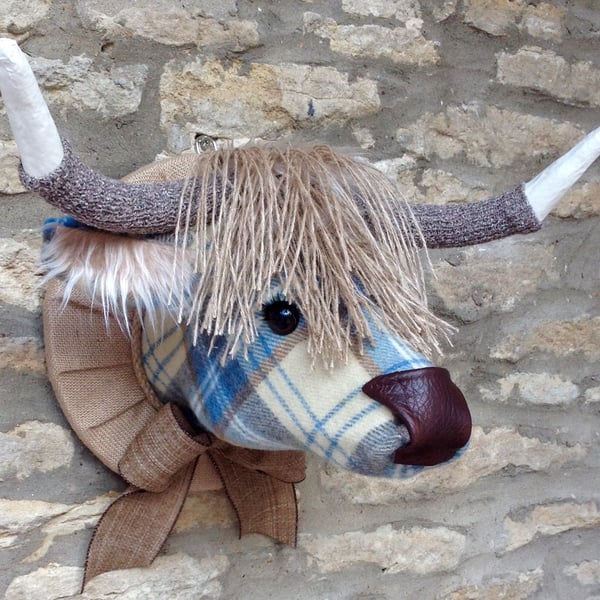 Faux taxidermy blue cream tweed check Highland Cow Coo animal head wall mount
