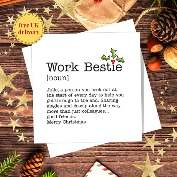 Christmas Card Personalised Work Bestie Definition,work colleague. Free delivery