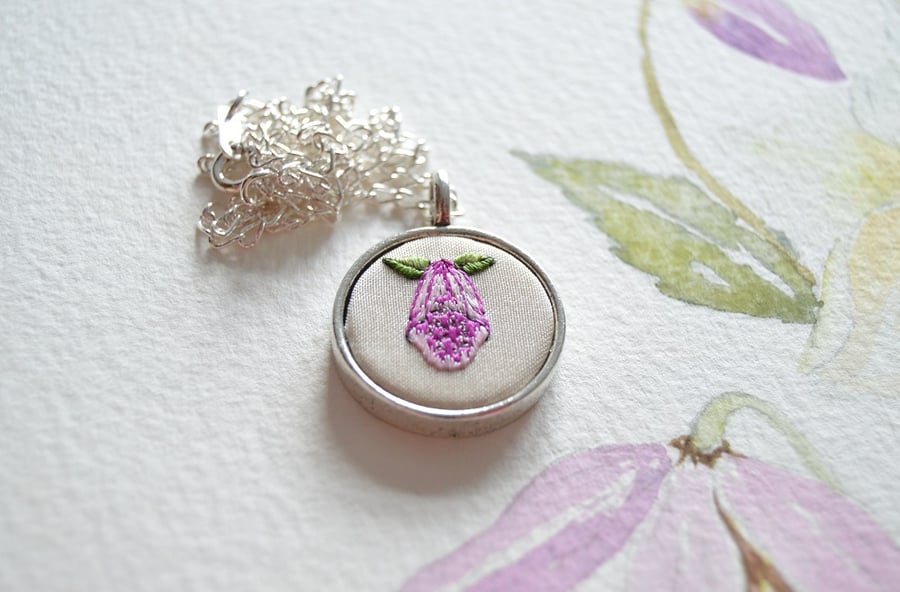 Hand embroidered silk foxglove bell pendant