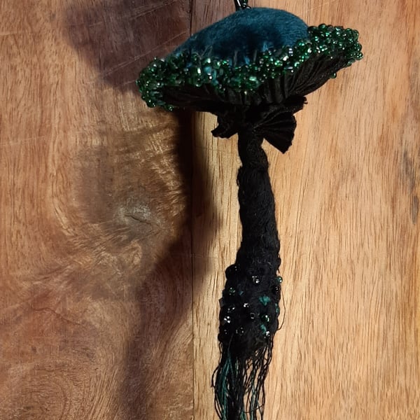 Mushroom textile art green hanging decoration
