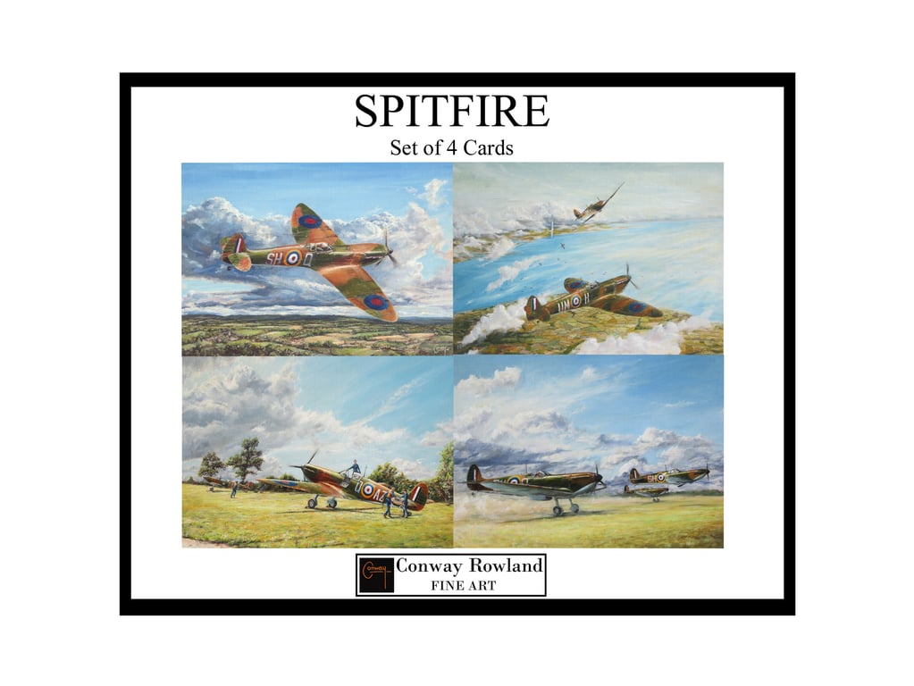 SPITFIRE Aviation Set of 4 Art Cards - Aeroplane Gift For Christmas - 7x5 Blank
