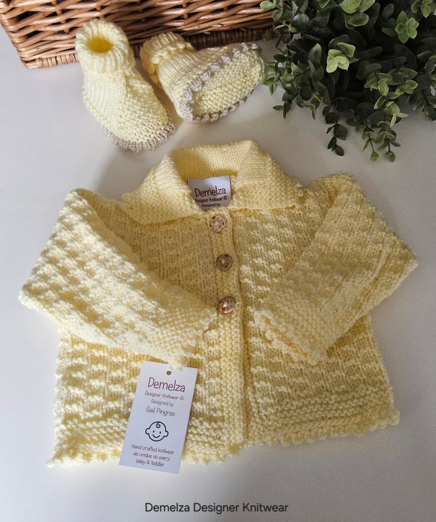 Baby Girl's Lemon Hand Knitted Jacket & Booties Set 0-6 mths size 