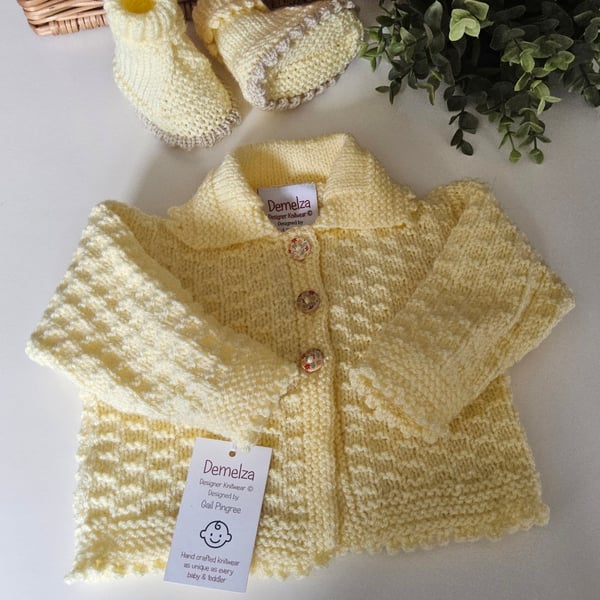 Baby Girl's Lemon Hand Knitted Jacket & Booties Set 0-6 mths size 