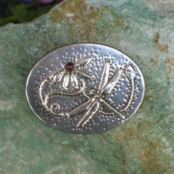 Dragonfly Garnet Pewter Brooch