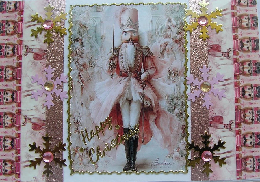Hand Crafted Decoupage Chistmas Card - Happy Christmas (3348) Pink Nutcracker