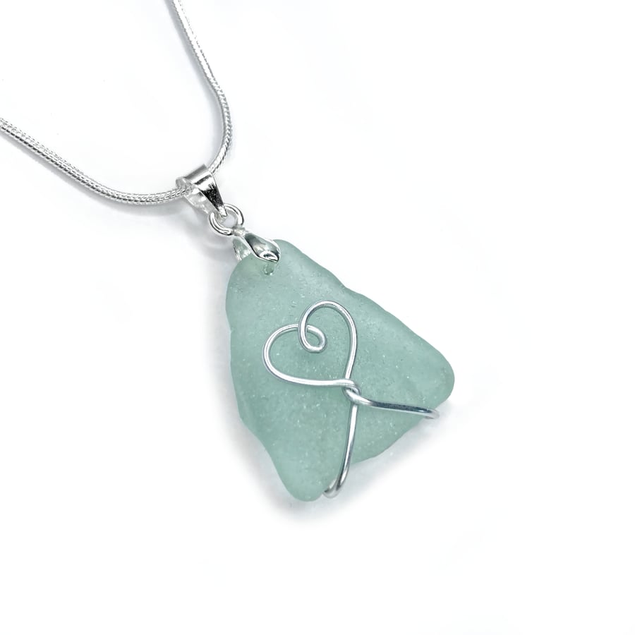 Sea Glass Pendant - Aqua Green Beach Glass - Handmade Heart Necklace Jewellery