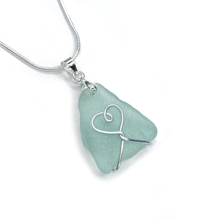 Sea Glass Pendant - Aqua Green Beach Glass - Handmade Heart Necklace Jewellery