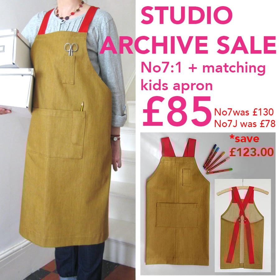 Adult and Child Cross Back Aprons with Adjustable Straps.