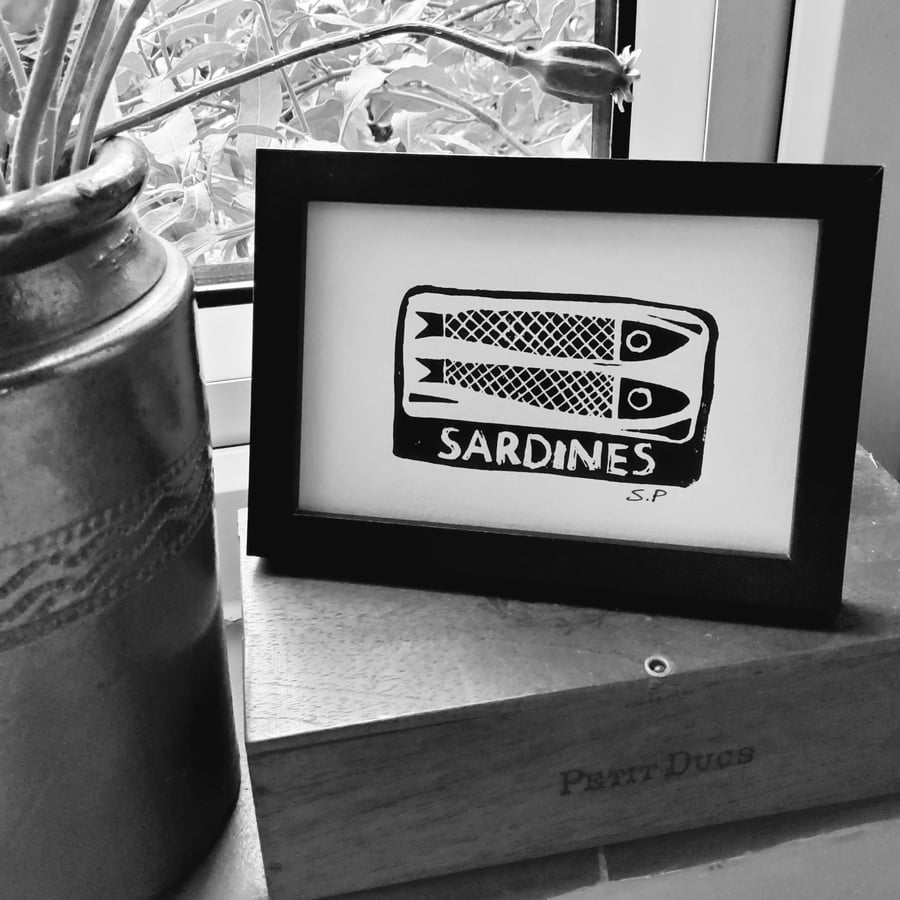 Tinned sardines lino print unframed