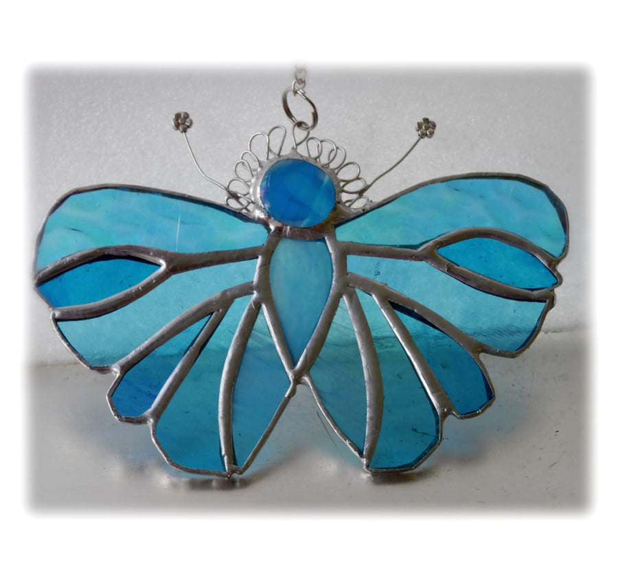 SOLD Turquoise Butterfly Suncatcher Stained Glass Handmade 097