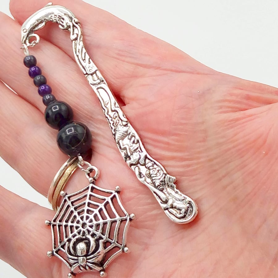 Beaded Bookmark with Spider's Web Charm, Black and Purple Bookmark