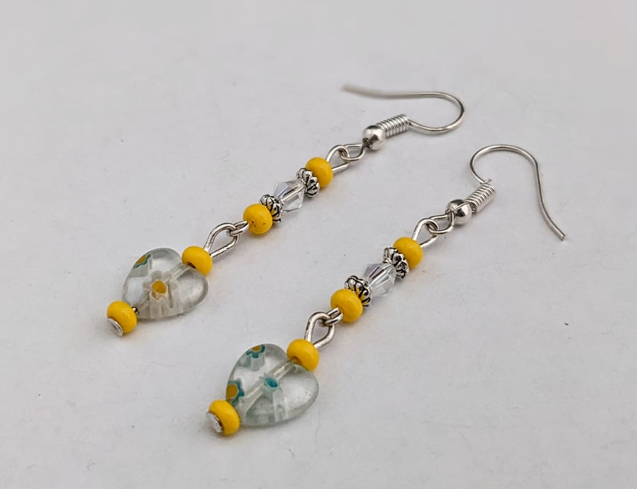 Dainty yellow and green millefiori heart earrings