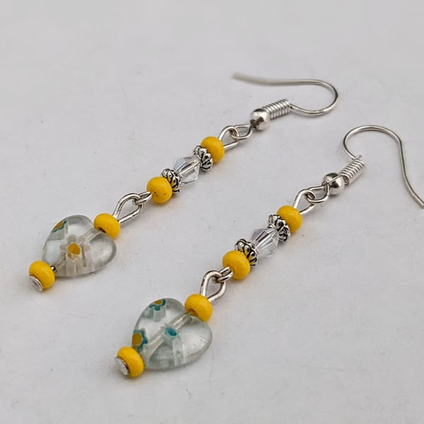 Dainty yellow and green millefiori heart earrings