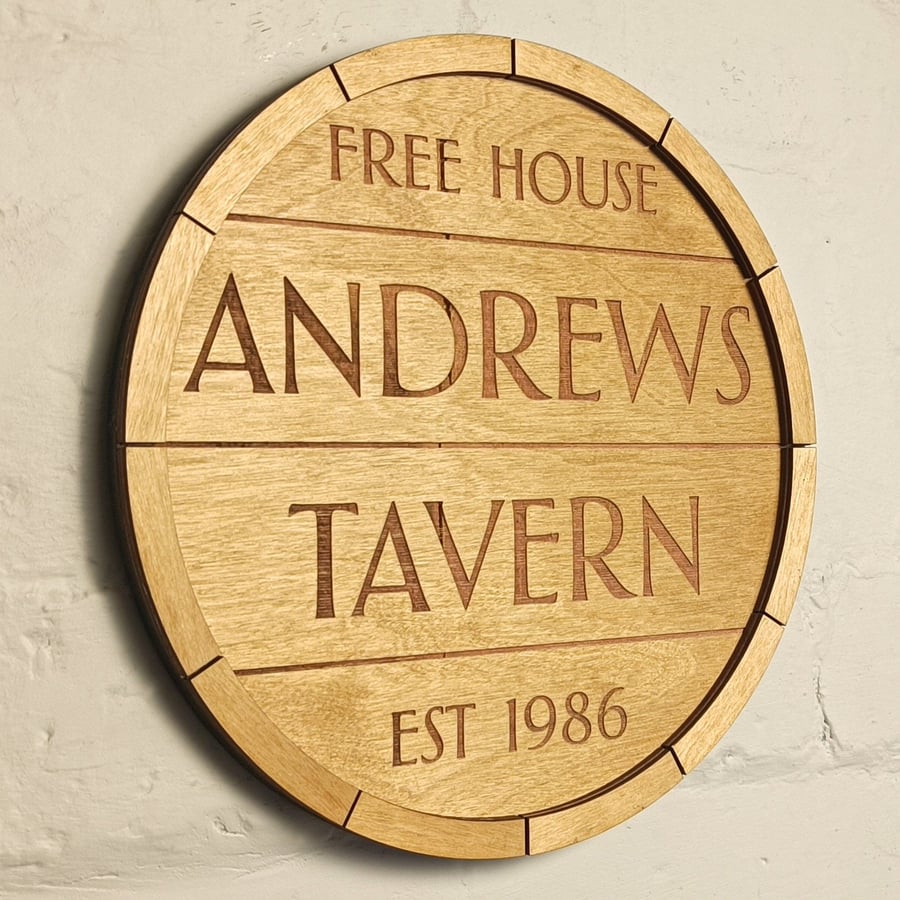 Personalised wooden barrel pub sign 