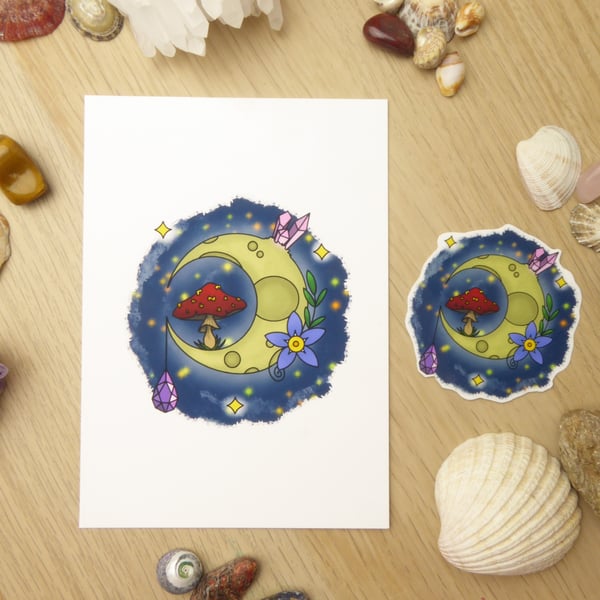 Celestial Moon Stars and Toadstool Sticker and Mini Print Bundle Cottagecore Art