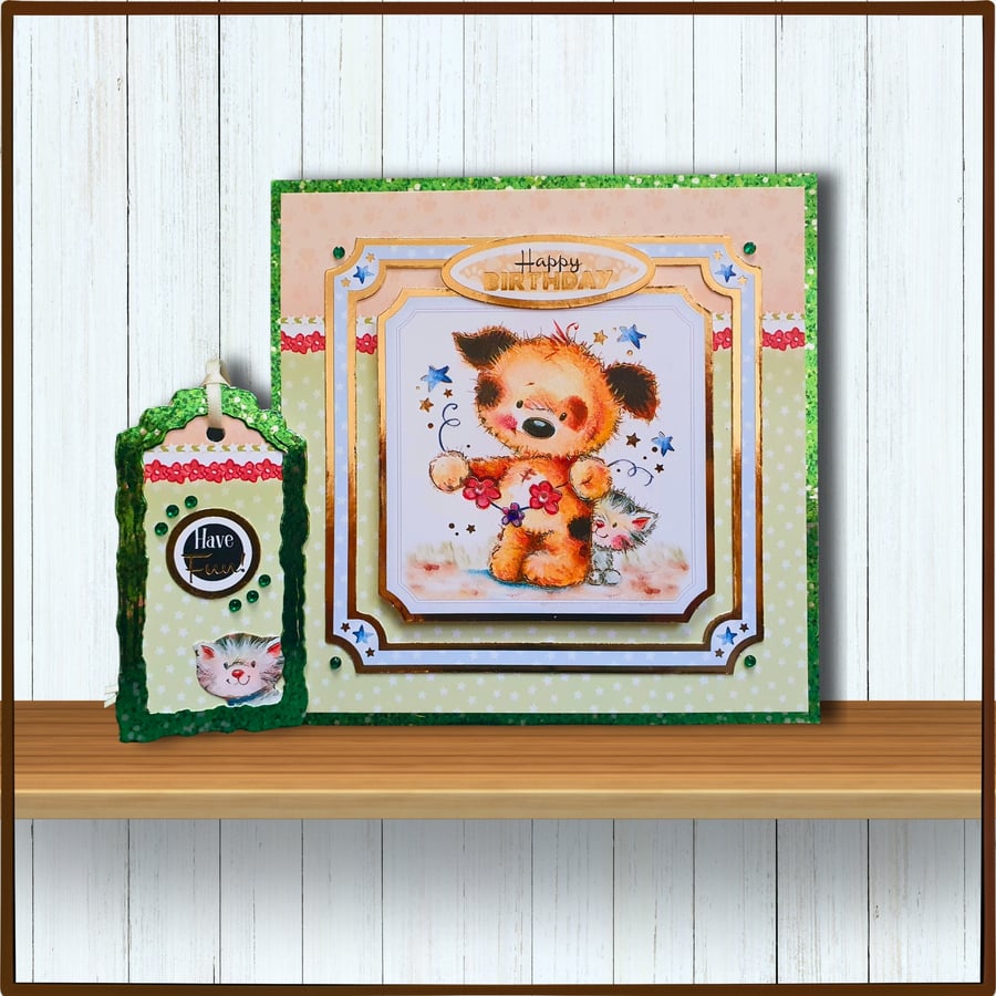 Birthday Card & Gift Tag Set With A Puppy & A Kitten, Happy Birthday Card