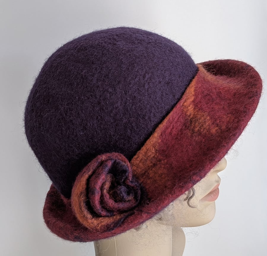 Purple felted wool hat with red and orange brim - One of the 'Squashable' range