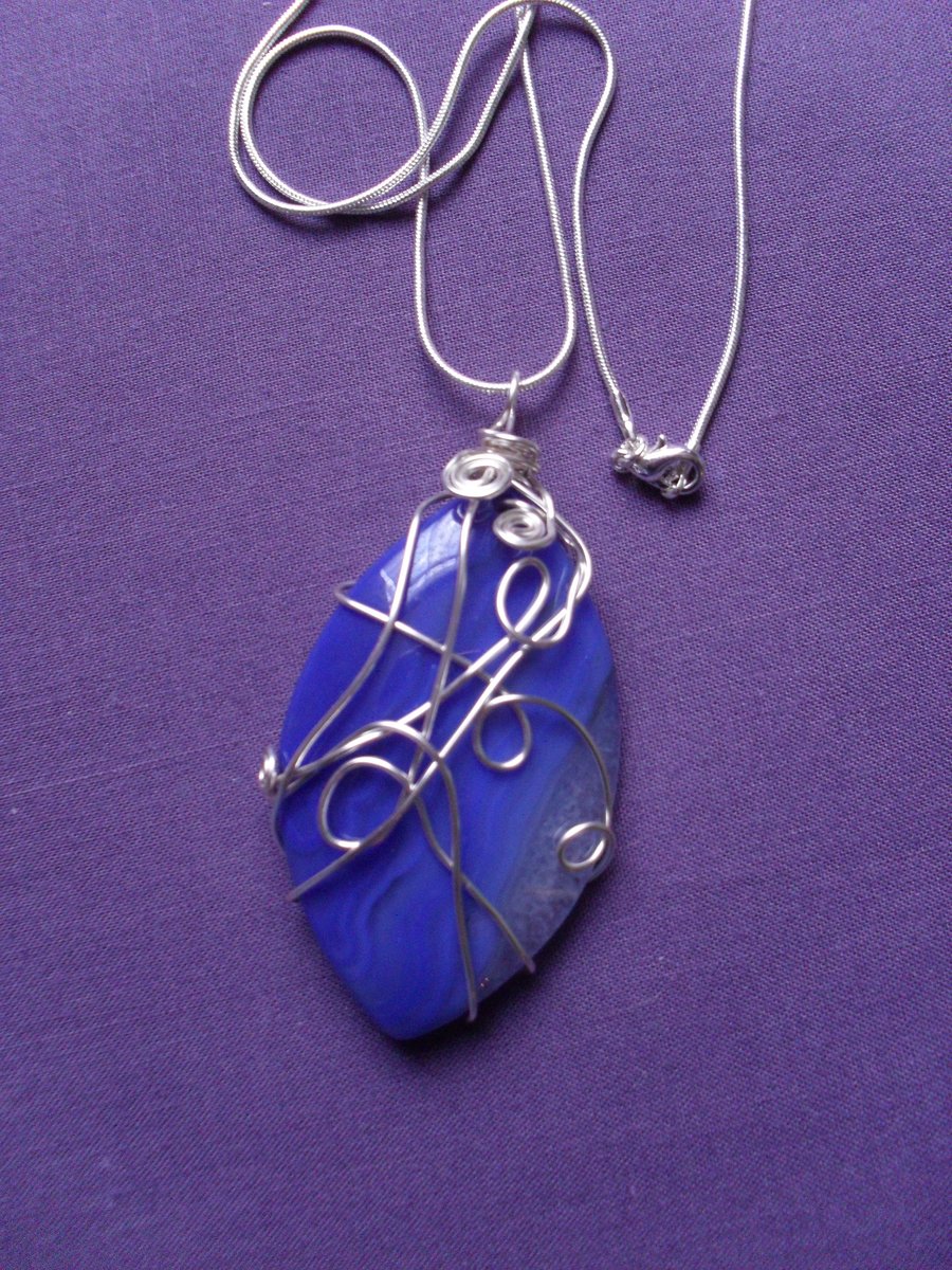 Wire Wrapped Blue Agate Pendant