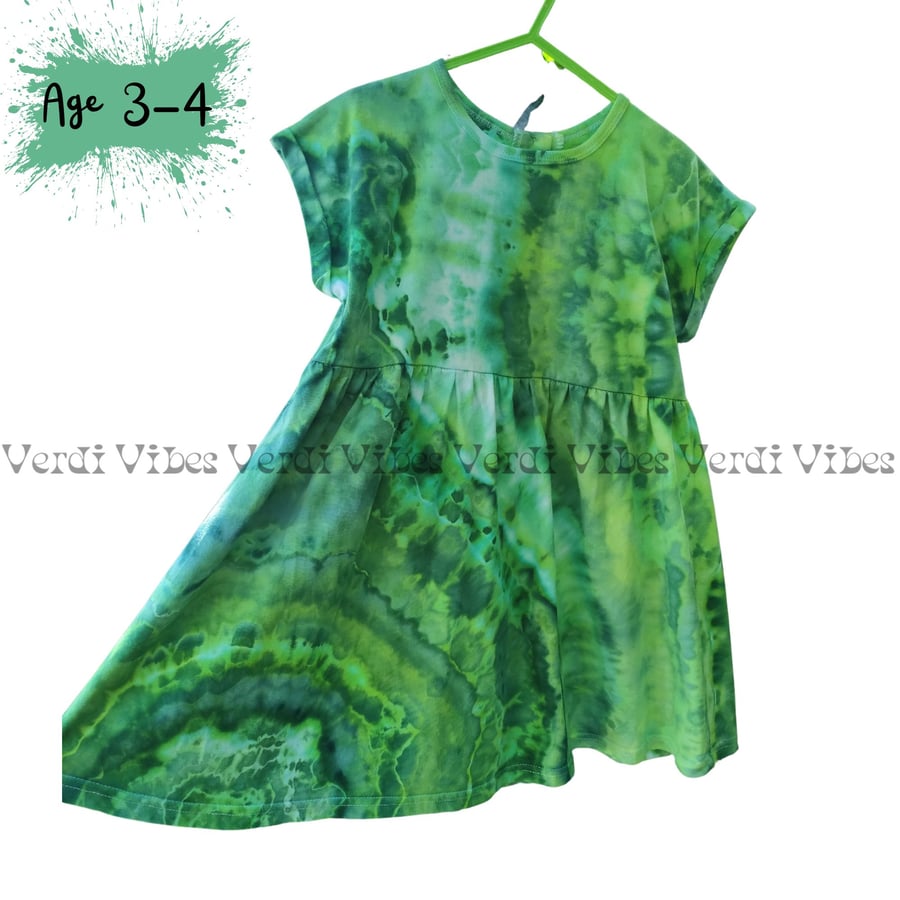 Cotton dress, age 3-4 ice dyed in shades of green.