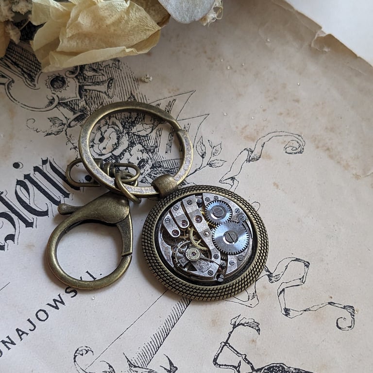 Rustic Bronze Keychain with Old Watch Movement, Steampunk Style Anniversary Gift