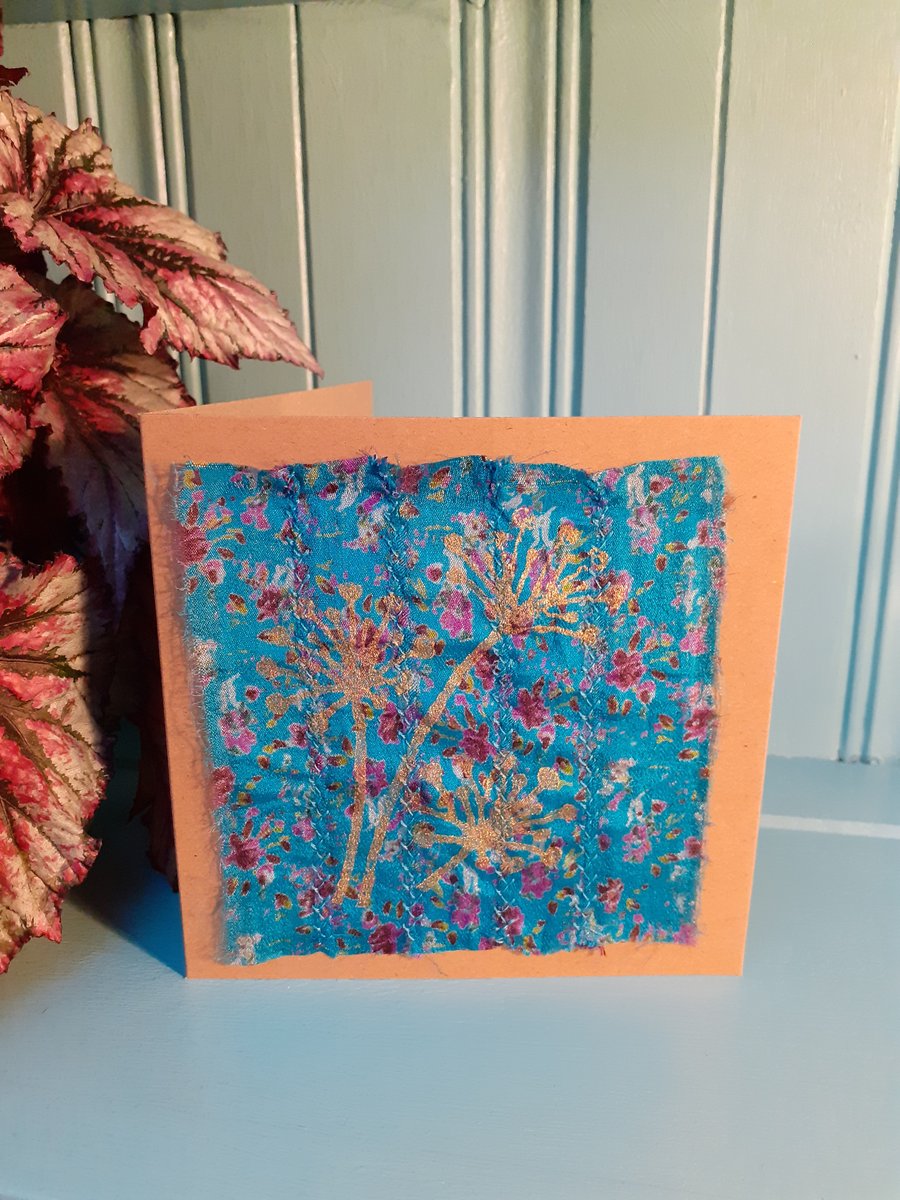 Teal, flowers and gold - stiched and printed sari silk ribbon card