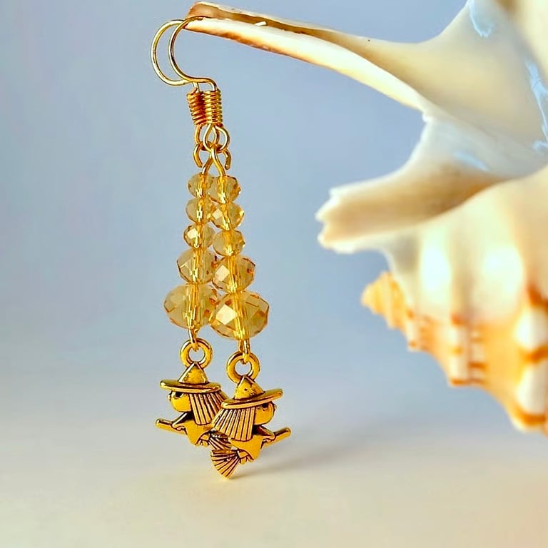 Halloween Witch Earrings, Sparkly Gold Glass, Trick Or Treat Costume Jewellery
