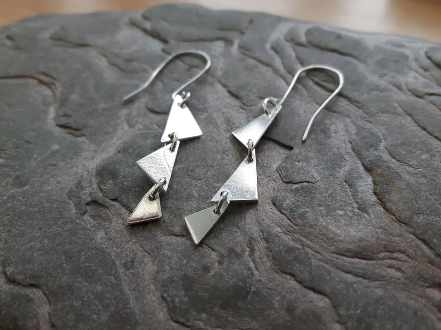 Sterling Silver Drop Earrings, Tiny Triangles